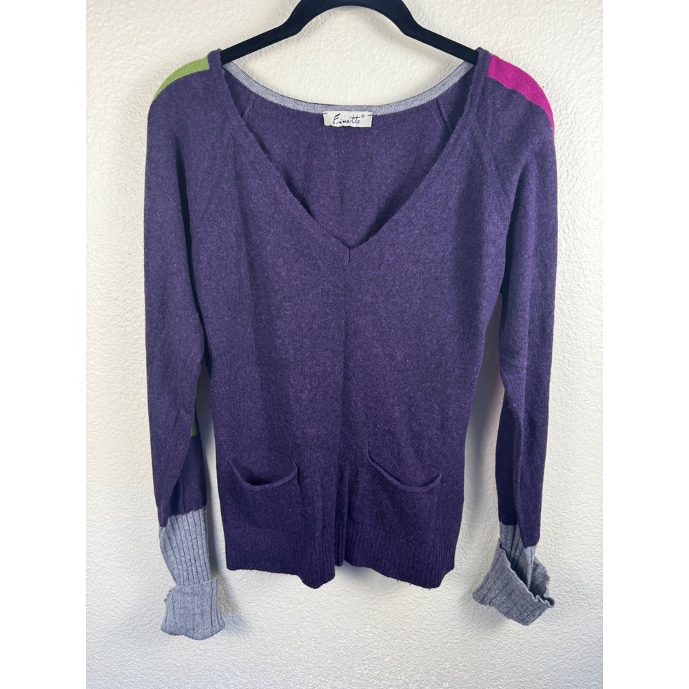 Purple V-Neck Cashmere Angora Wool Blend Sweater Womens Colorblock Knit Preppy